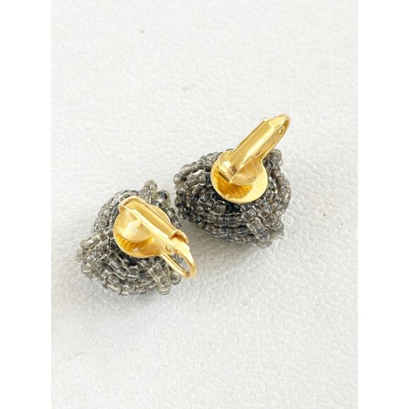 Vintage Beaded Knot Cluster Earrings Silver Grey Gold Tone Clip - Picture 2 of 6